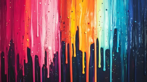 Vibrant Dripping Rainbow Paint Abstract Art on Dark Canvas.