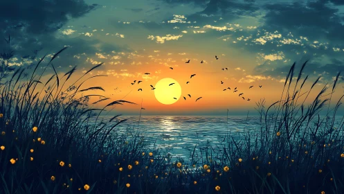 Backlit coastal sunset with silhouetted reeds and dynamic flock