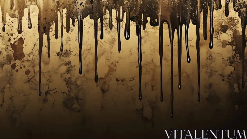 Dark viscous drips descend over stained ochre wall surface