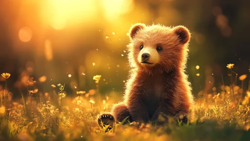 Golden hour bear cub rendered in glowing meadow light.