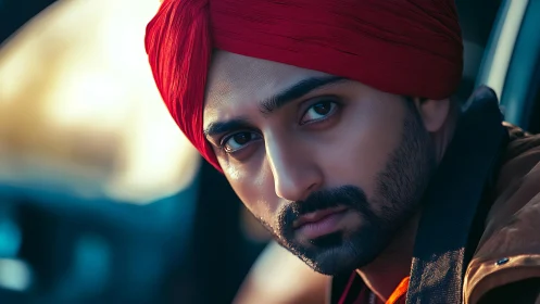 Close-up portrait of man with red turban in soft car lighting