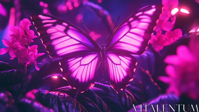 Neon bioluminescent butterfly in saturated floral 3D rendering.