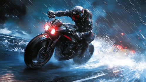 Motorcyclist cornering on wet urban road in heavy rain.