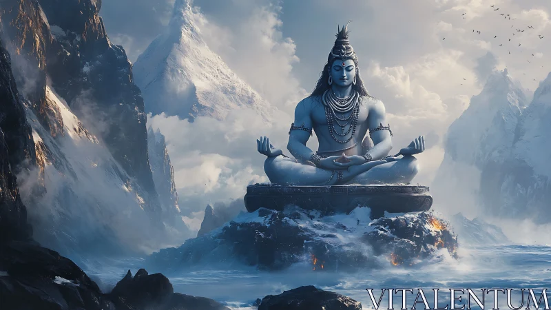 Lord Shiva seated in meditation amid icy mountain peaks.