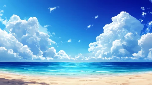 Bright tropical beach with calm sea and towering clouds.