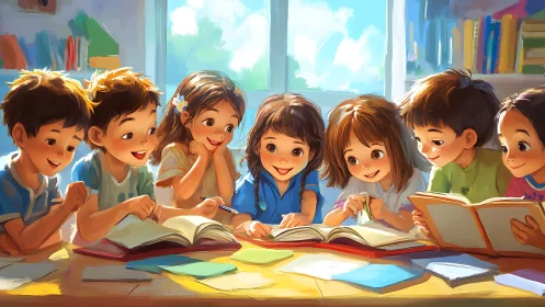 Children Reading Together in Bright Classroom.