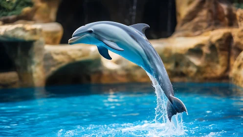Playful dolphin arcs above bright turquoise water in mid-leap.