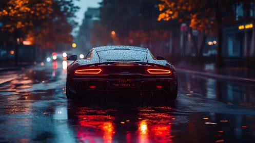 Sleek supercar in neon rain on reflective city street at night.
