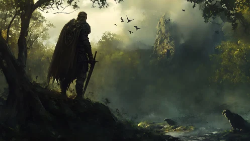 Fantasy warrior overlooking misted forest valley composition.