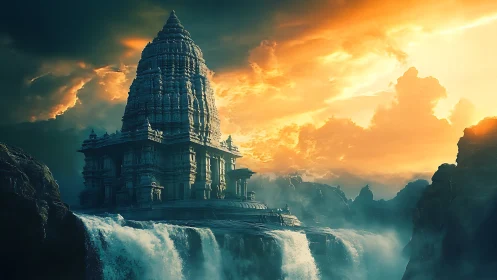 Ancient stone temple rises above cascading waterfall at sunset