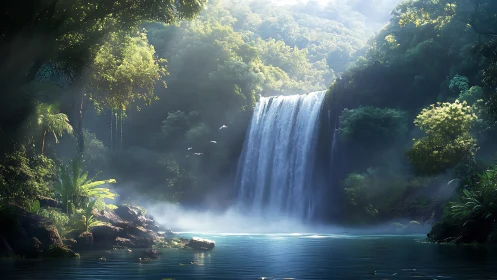 Sunlit jungle waterfall pours into misted blue lagoon.