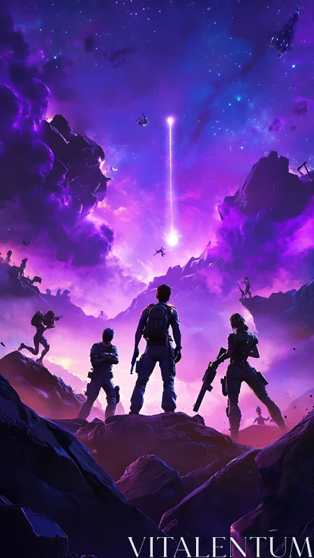 Starlit strike team faces a cosmic rift in neon twilight.