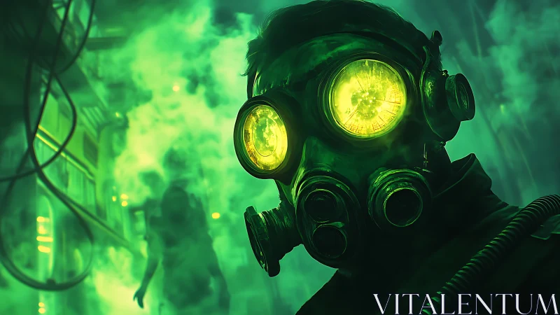 Toxic midnight wanderer peers through neon fog and ruin