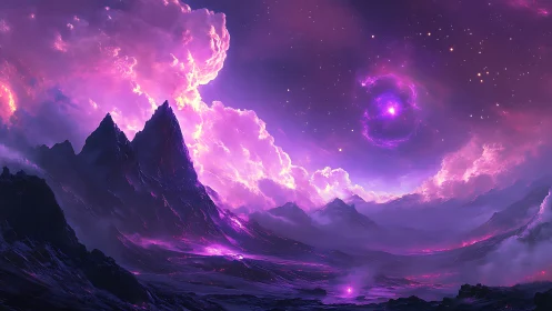 Spectral nebula vortex above bioluminescent alien ridges.