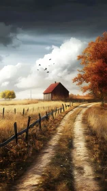 Autumn country lane leading toward distant red barn under clouds.