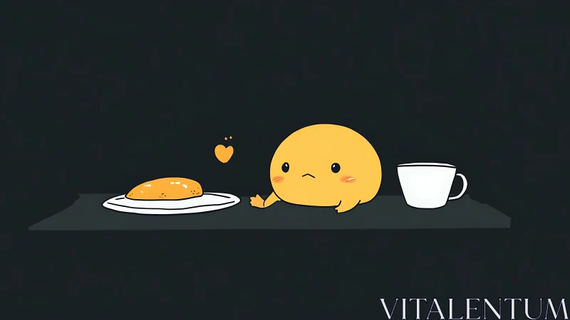 Cute yellow blob sits shyly by coffee and bread snack