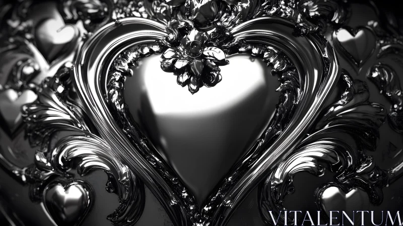 Ornate Metallic Heart with Baroque Detailing in Monochrome.