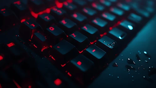 Mechanical gaming keyboard glows red under scattered water