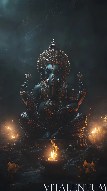 Midnight Ganesha sits in emberlit calm and molten grace