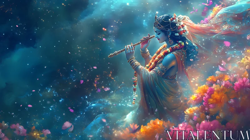 Blue-skinned figure with flute amid floating petals and flowers.