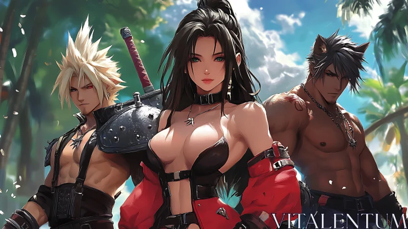 Triad of stylized warriors in tropical backlit environment.