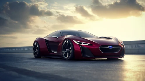 Sunset sprint with a sleek crimson Subaru sports concept.