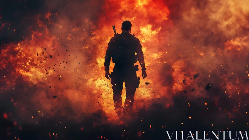 Soldier silhouette amid inferno. Action-packed warfare.