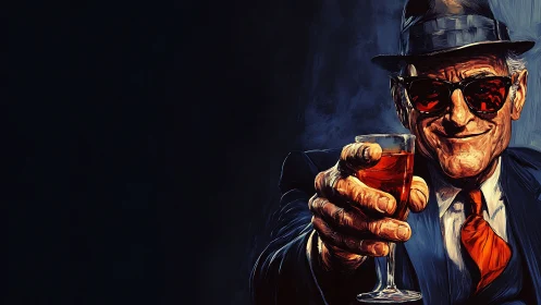 Vintage gangster toast portrait with bold red accents.