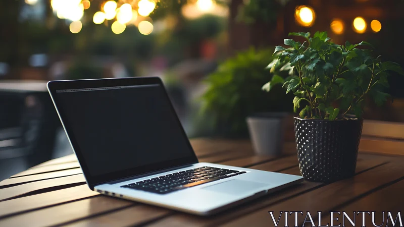 Laptop on wooden patio table beside plant at sunset.