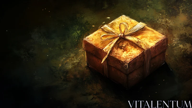 Golden gift box glows softly in a dark, painterly space