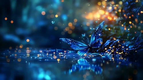 Blue glowing butterfly over water in a dark forest scene.