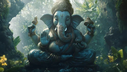Highly detailed blue Ganesha statue rendered in misty jungle light