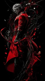 Scarlet warrior engulfed in swirling black energy shards.