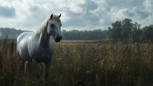 White horse standing in tall grass under cloudy sky.