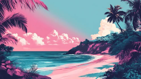 Dreamy neon coastline where cotton candy clouds glow.
