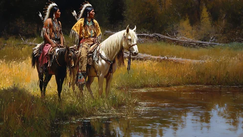 Two Native American riders on horseback by riverside pond.