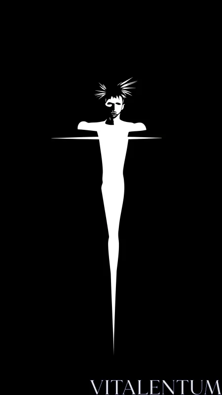 High-contrast cruciform silhouette with elongated white figure