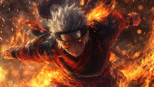 Fiery anime warrior charges through swirling embers of battle
