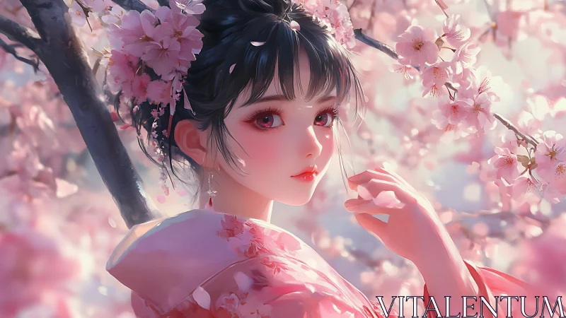 Blossom-kissed gaze beneath dreamy sakura daybreak skies.