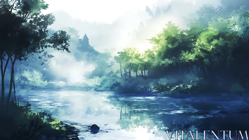 Misty Forest Lake Landscape in Digital Painting.