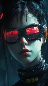 Cyberpunk hacker girl wears glowing red visor in rain
