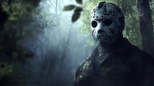 Masked horror figure standing in misty forest scene.