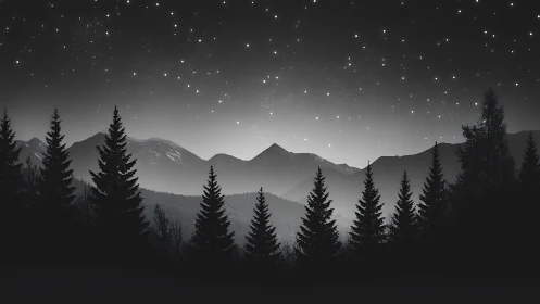Monochrome conifer forest silhouette under starlit mountains.