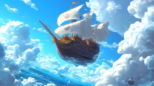 Sky galleon cuts through luminous clouds and sunlit blue.