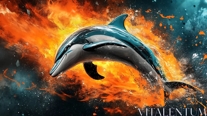 Digital painting of a leaping dolphin in explosive firestorm backdrop.
