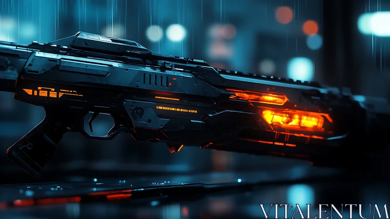 Neon storm rifle humming over rainlit cyberpunk steel.