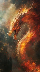 Fire dragon coils through burning sky above ruined city.