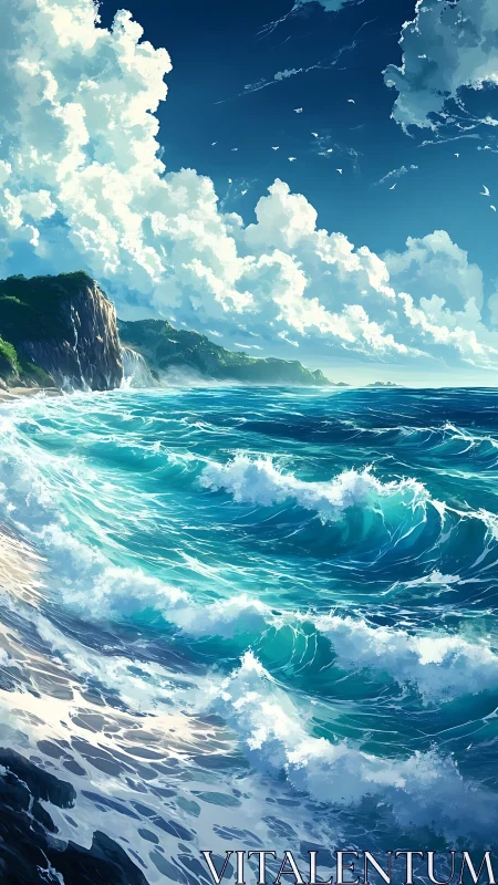 Tempest-tinted waves crash beneath cathedral clouds.