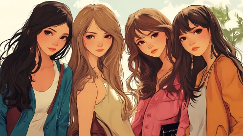 Four stylish girls in anime art style with pastel colors outdoors.