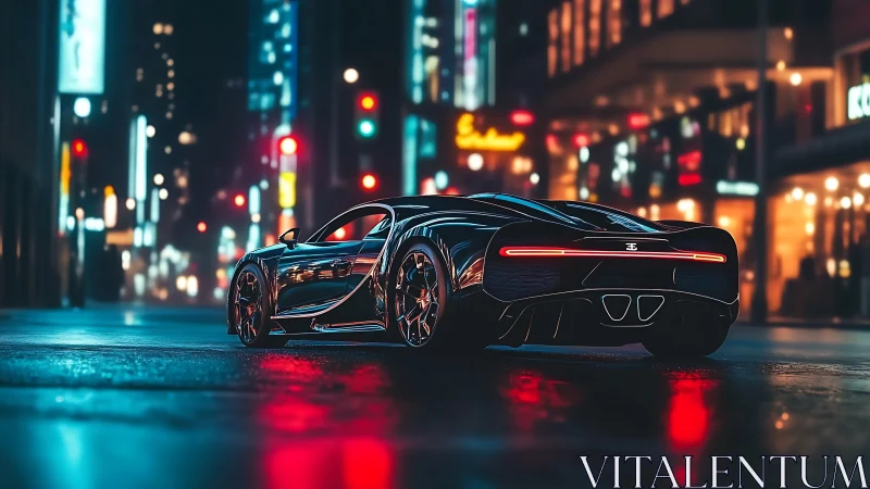 Hypercar rear profile in neon-soaked nocturnal streetscape.